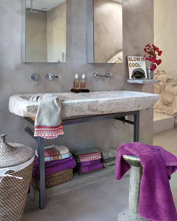 100 Cozy Rustic Farmhouse Bathroom Decor Ideas You Can Easily Copy - You have to see this bathroom decor idea with console sink and external stone-wall staircase. Love it!  