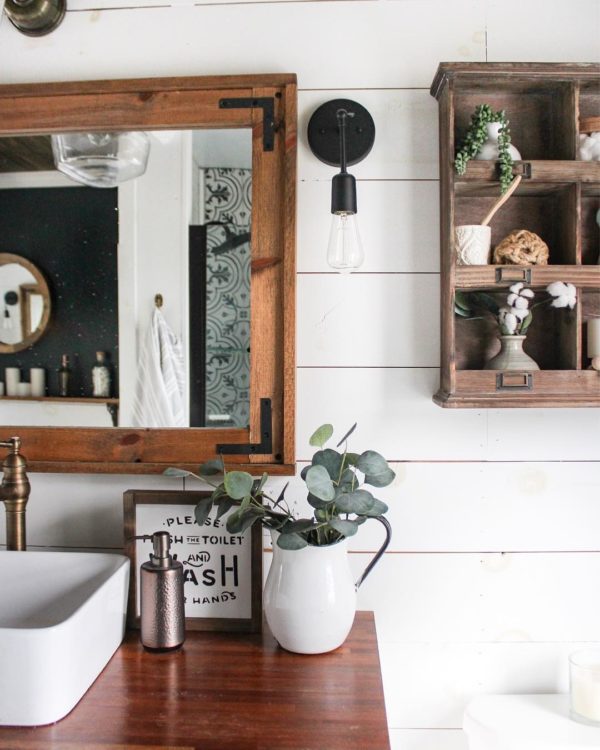 100 Cozy Rustic Farmhouse Bathroom Decor Ideas You Can Easily Copy - You have to see this bathroom decor idea with wooden sink countertop and copper faucet. Love it!  