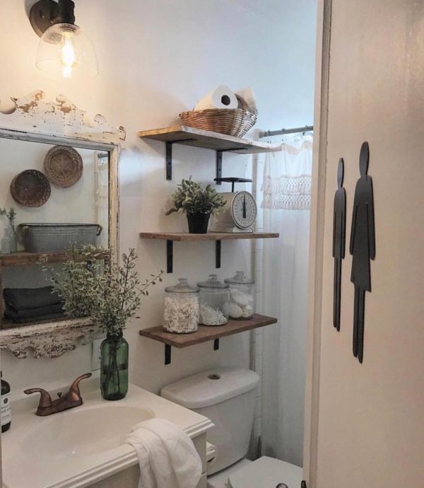 100 Cozy Rustic Farmhouse Bathroom Decor Ideas You Can Easily Copy - You have to see this bathroom decor idea with fashionable bathroom door sign and single porcelain sink. Love it!  