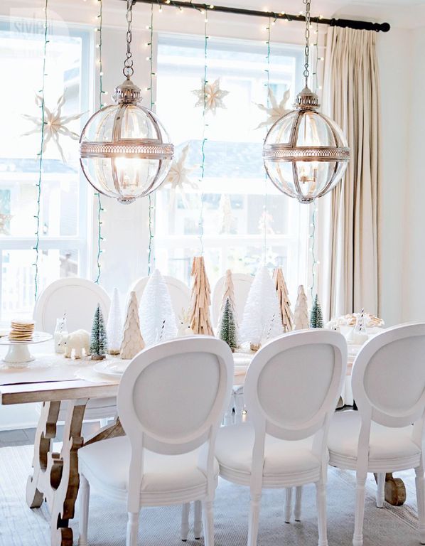  decor idea with futuristic chandeliers and massive hardwood dining table. Love it!   