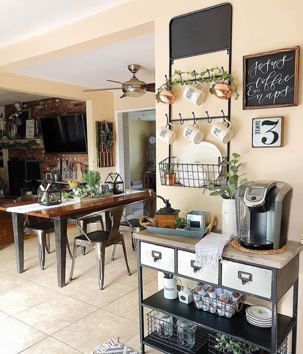  decor idea with vintage ceiling fan and hanging metal storage racks. Love it!   