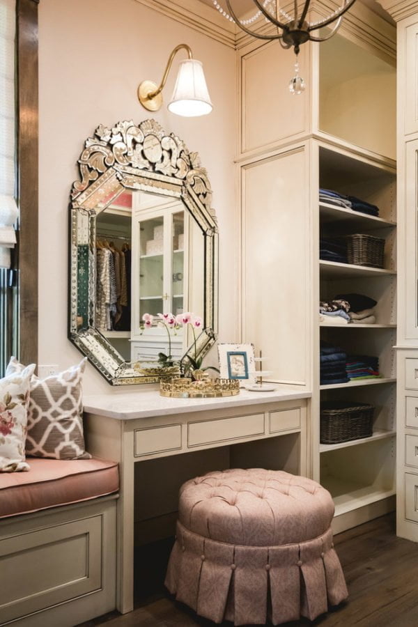  decor idea with mosaic-inspired mirror and blush vanity. Love it!   