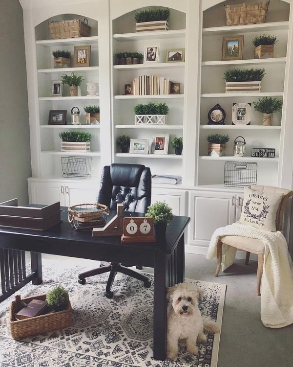100 Charming Farmhouse Decor Ideas for Your Home Office - You have to see this office decor idea with beige reading armchair and grey flooring. Love it!   