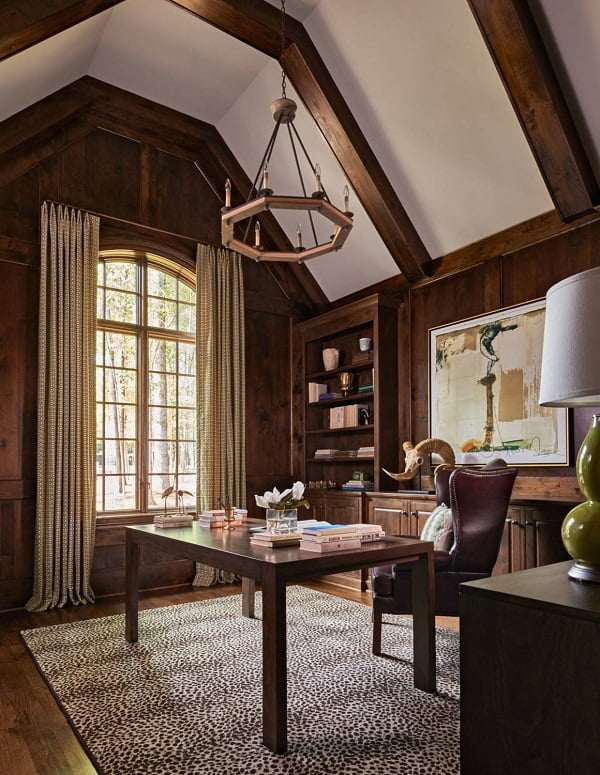 100 Charming Farmhouse Decor Ideas for Your Home Office - You have to see this office decor idea with freestanding wood desk and leather burgundy armchair. Love it!