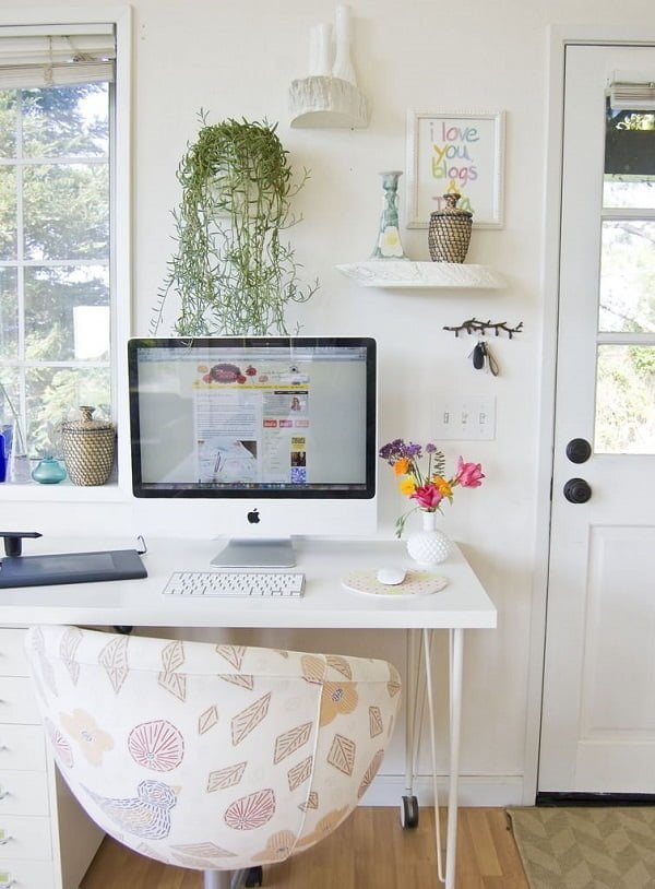 100 Charming Farmhouse Decor Ideas for Your Home Office - You have to see this office decor idea with cream leather office chair and across-the-room book shelf. Love it!