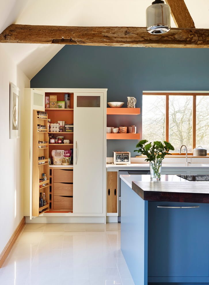 100 Stunning Farmhouse Kitchen Decor Ideas You Have to Try - You have to see this kitchen decor idea with avangard mettalic ceiling lamp and shiny white floors. Love it! Kitchen 