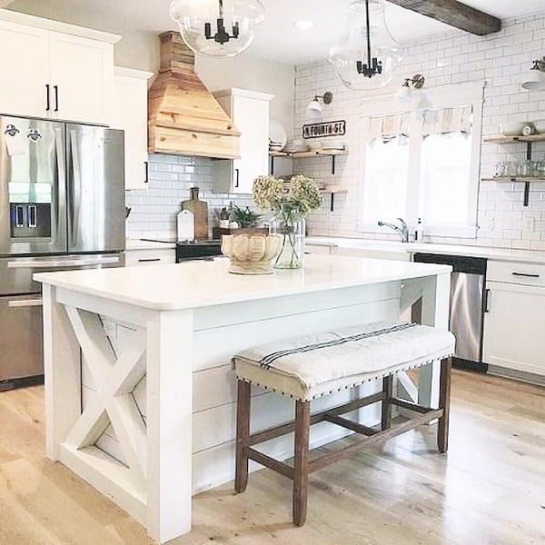 100 Stunning Farmhouse Kitchen Decor Ideas You Have to Try - You have to see this kitchen decor idea with handmade sitting bench and hadrwood floors. Love it! Kitchen 