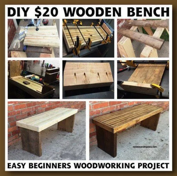 Check out the tutorial on how to make a  wooden bench for $20. Looks easy enough! 