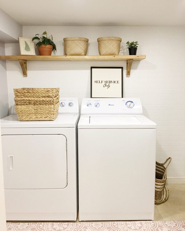 100 Fabulous Laundry Room Decor Ideas You Can Copy - You have to see this decor idea with hand-made wood shelf and simplified patterned flooring. Love it!
