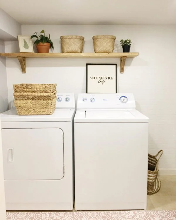 100 Fabulous Laundry Room Decor Ideas You Can Copy - You have to see this decor idea with hand-made wood shelf and simplified patterned flooring. Love it!