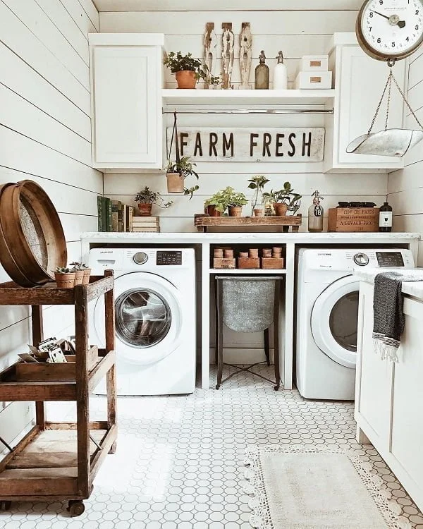 100 Fabulous Laundry Room Decor Ideas You Can Copy - You have to see this decor idea with rustic elements and vintage shelf racks. Love it!
