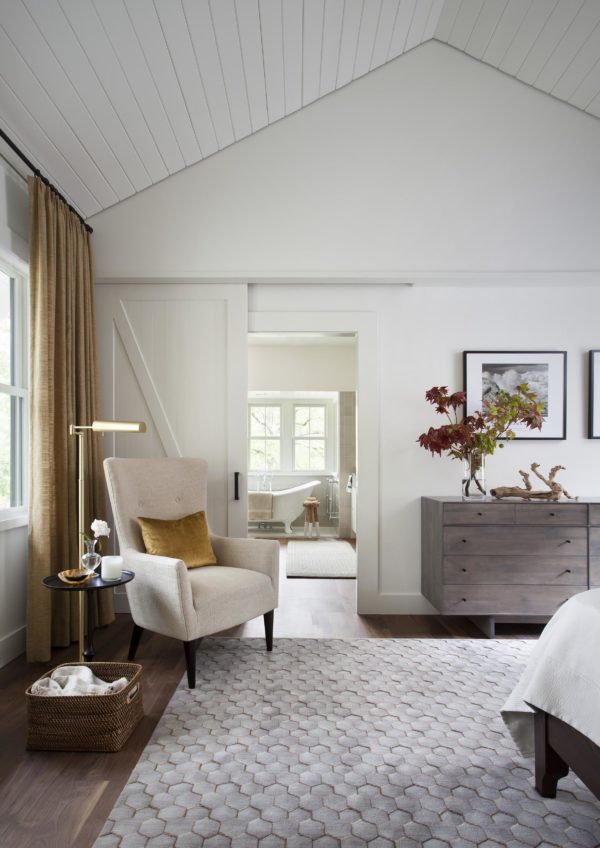  decor idea with patterned neutral carpet and a white sliding barn door. Love it!   