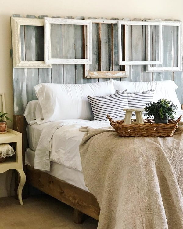  decor idea with navy patterned bed pillows and bamboo basket tray. Love it!   