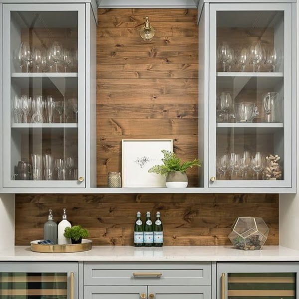  decor idea with hardwood back wall and patterned bottom kitchen cabinets. Love it!   