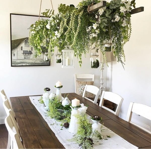  decor idea with hanging mason jars and lanterns and all-wood dining room table set. Love it!   