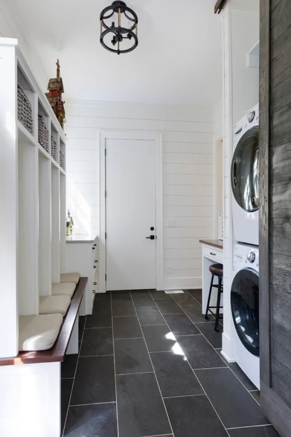 100 Fabulous Laundry Room Decor Ideas You Can Copy - You have to see this laundry room decor idea with shiplap and floor tiling. Love it!
