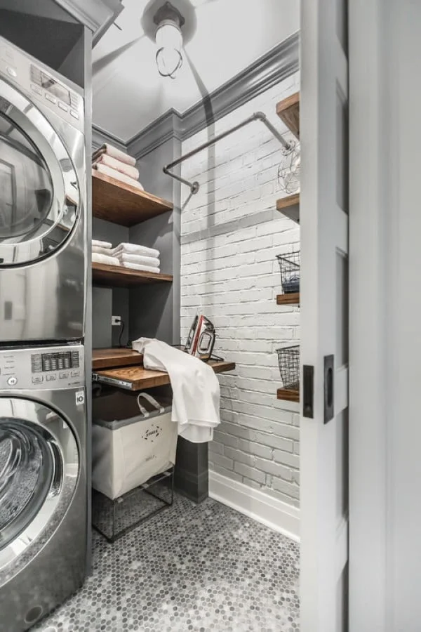 100 Fabulous Laundry Room Decor Ideas You Can Copy - You have to see this industrial laundry room decor idea with exposed brick wall. Love it!