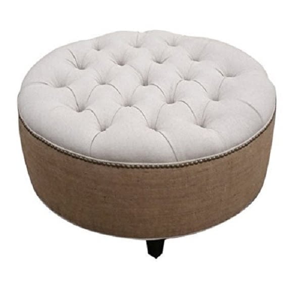 Tufted Round Ottoman with Linen and Burlap Upholstery