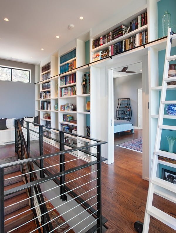 You have to see this  decor idea with white hardwood shelves and a traditional library-inspired ladder. Love it!  
