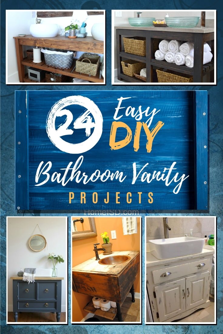 Want to build a custom bathroom vanity at home? Here is a list of 24 easy DIY bathroom vanity projects for you to follow. Worth saving! #homedecor #DIY #bathroomdecor