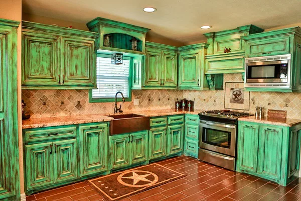 Green weathered rustic kitchen cabinets 