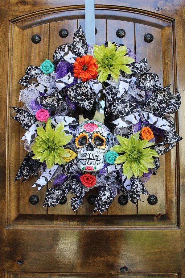 Colorful ribbon sugar skull  wreath 