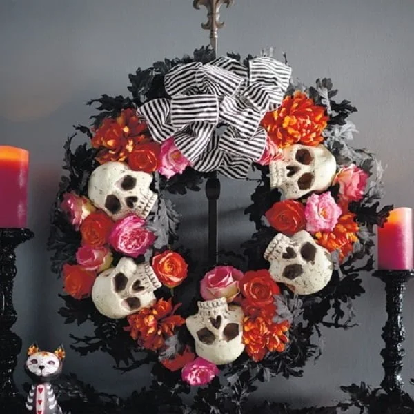 Floral  wreath with skulls and ribbons 