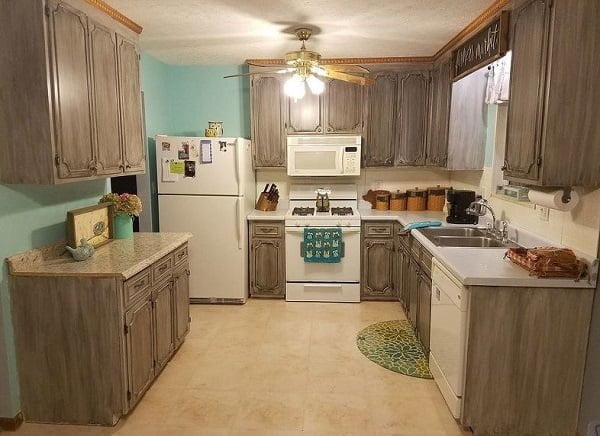 Weathered grey rustic farmhouse kitchen cabinets 