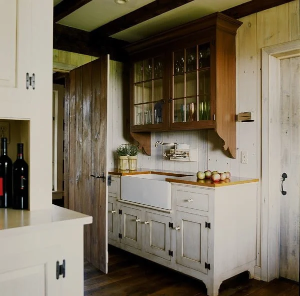 White weathered farmhouse rustic kitchen cabinets 