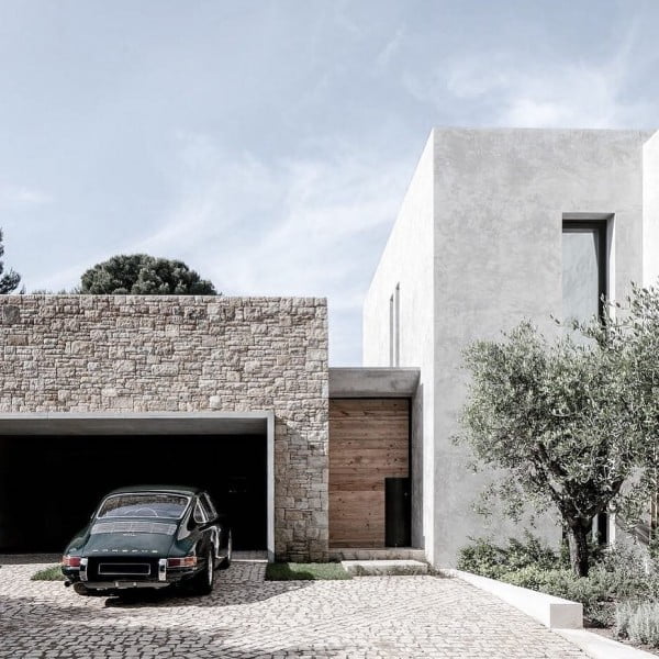 Minimalist House with Stone Wall Accents 