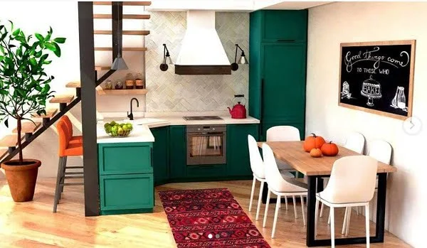 Open space jade green kitchen cabinets