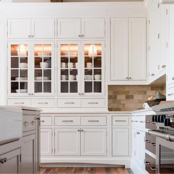 White shaker cabinets with nickel pulls #homedecor