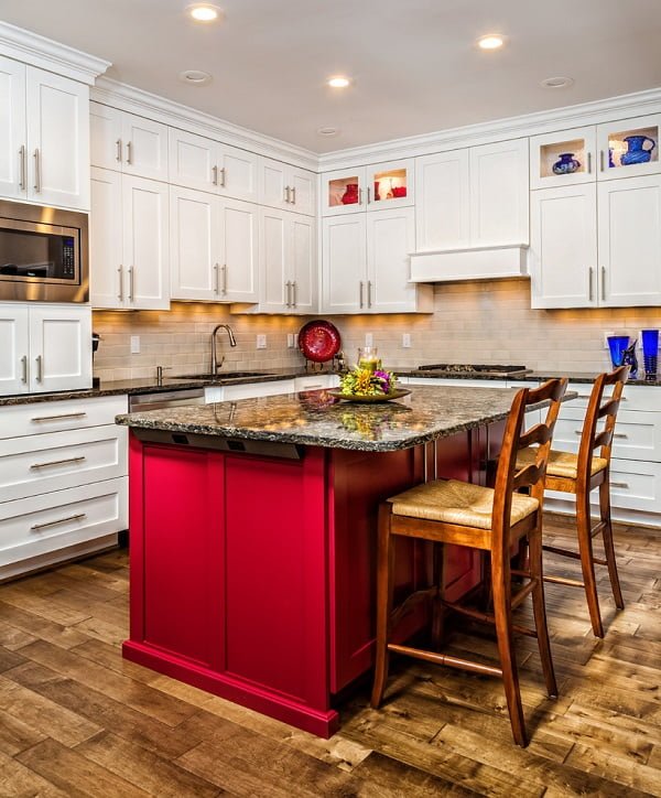 White shaker cabinets with a red kitchen island #homedecor