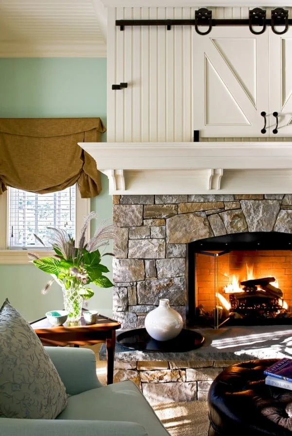 Barn Door Stone Fireplace 