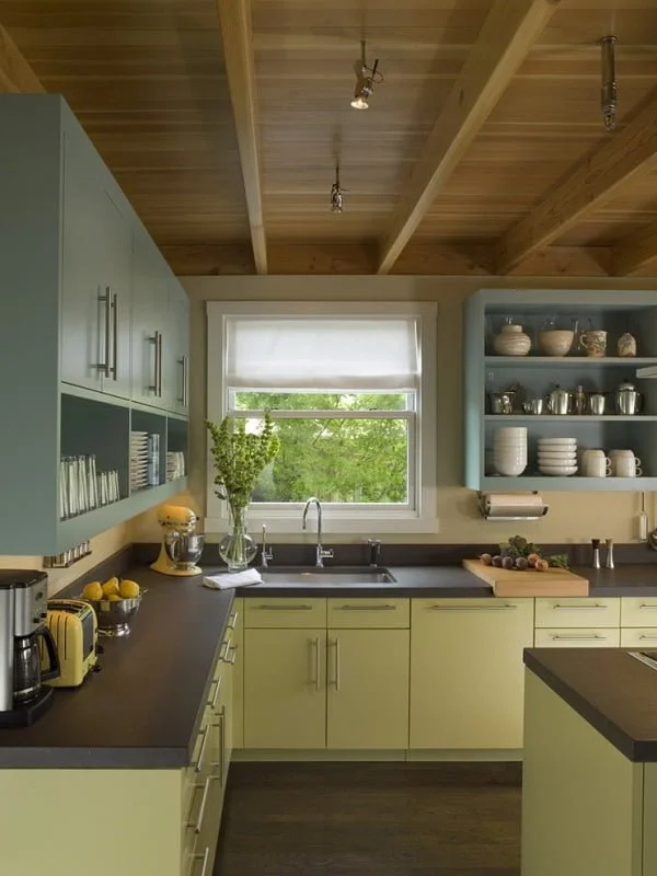 Teal and Harlequin green kitchen cabinets