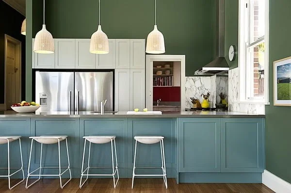 Teal green kitchen cabinets