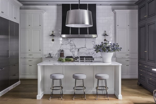 Grey Kitchen Cabinets with White Marble Countertops 