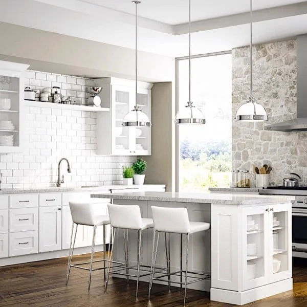 White Kitchen Cabinets with Granite Countertops and Subway Tile Backsplash 