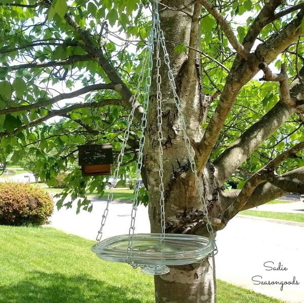 DIY Bird Waterer and Bath with a Repurposed Glass Lid   