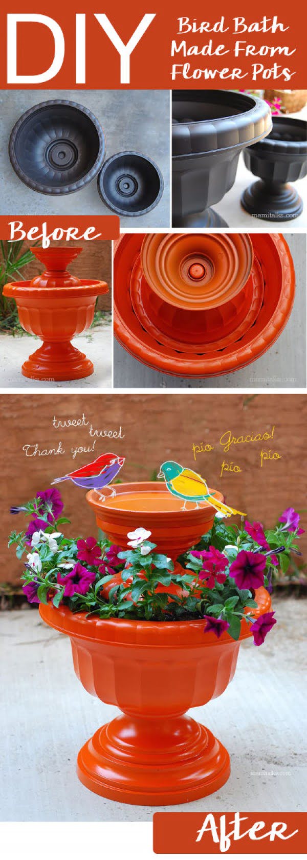 DIY Bird Bath Made From Flower Pots   
