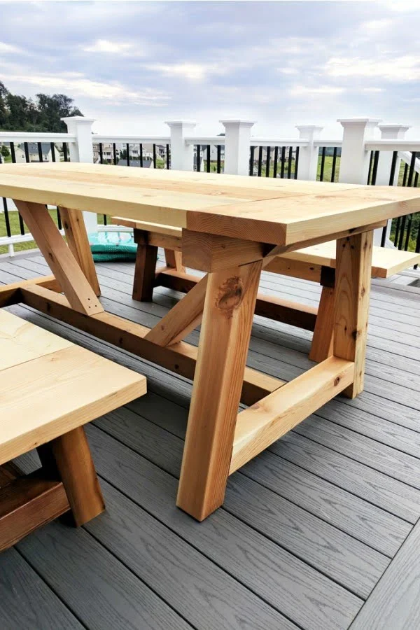 DIY Truss Beam Farmhouse Style Outdoor Table and Benches (Restoration Hardware Inspired)     