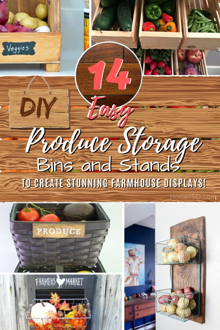 Store your produce in the kitchen with a display decor feature. Build one of these brilliant DIY produce bins and stands. Great list of ideas! #DIY #farmhouse #rustic #storage #organize #kitchen #homedecor
