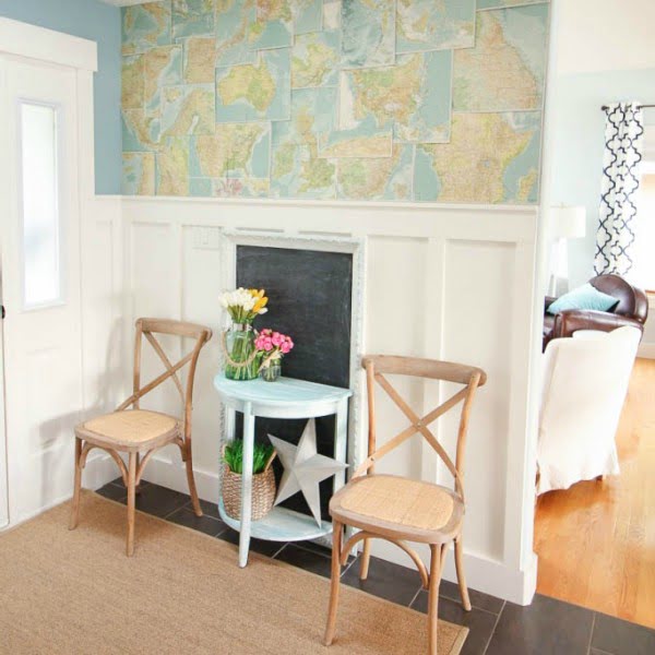 Tweaking the Entry Hall with DIY Faux Map Wallpaper #DIY #walldecor #homedecor