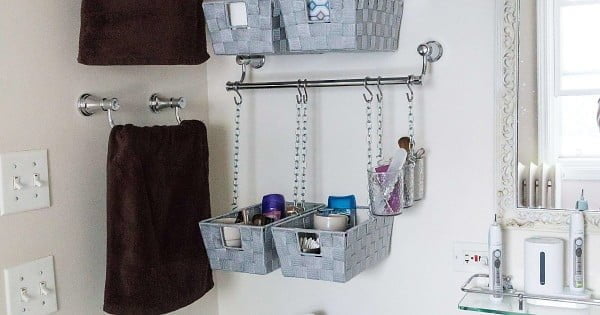 DIY Hanging Storage Bins For Over The Toilet Storage    