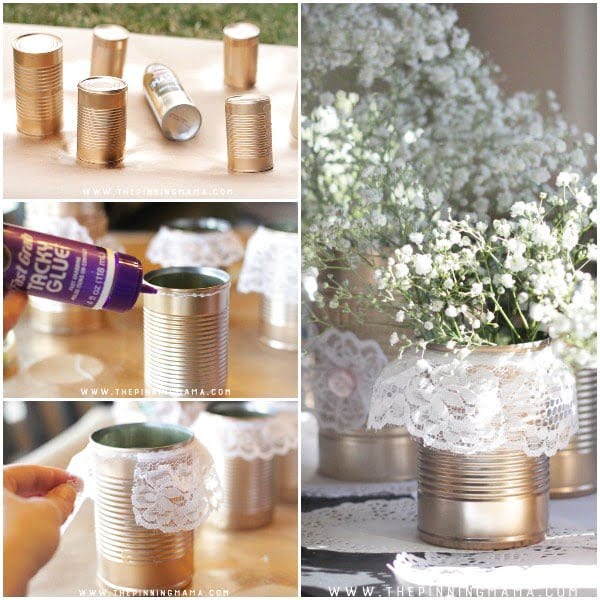 DIY Shabby Chic Tin Can + Lace Centerpiece • The Pinning Mama   