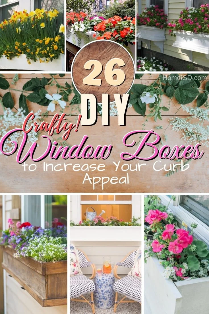 Increase your home curb appeal with a beautiful new DIY window box planter. 26 great ideas to try! #DIY #gardening #curbappeal #woodworking #craft