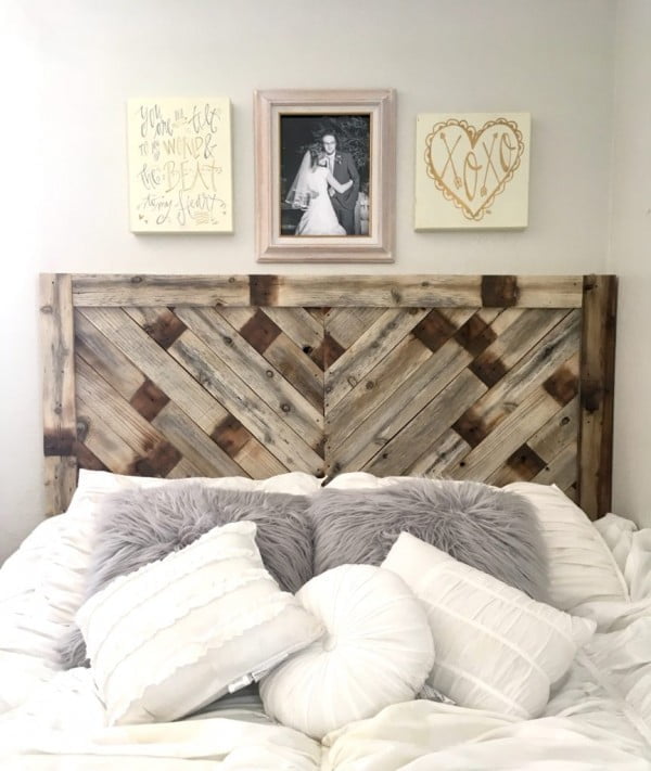 DIY Pallet Wood Herringbone Headboard