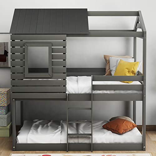 Low Bunk Beds Twin Over Twin Size, Wood Bunk Beds