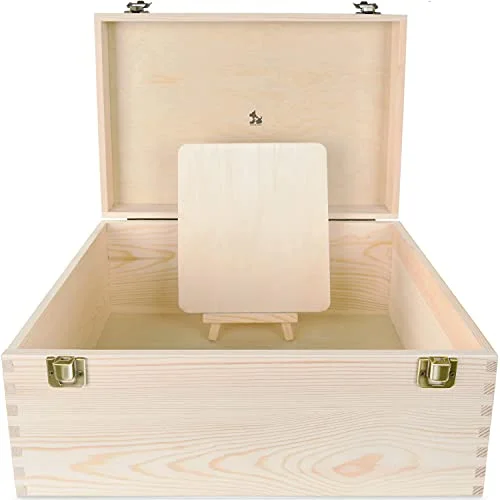 Large Unfinished Pine Wood Box With Hinged Lid -
