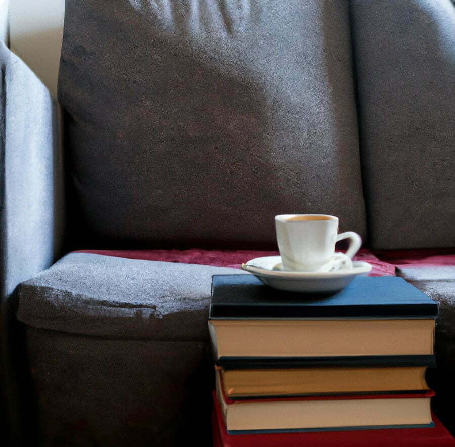 a stack of books as an end table